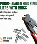 Spring Loaded Hog Ring Pliers Kit With 100 Galvanized Rings, Red And Black Handles, Heavy Duty Carbon Steel for Fencing