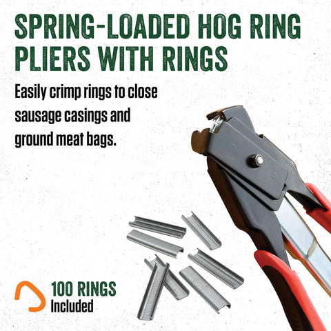 Spring Loaded Hog Ring Pliers Kit With 100 Galvanized Rings, Red And Black Handles, Heavy Duty Carbon Steel for Fencing