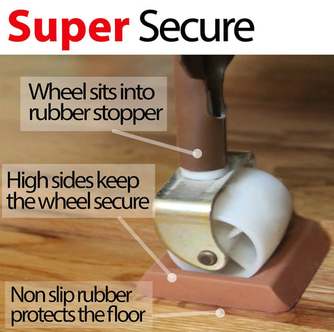 Close-up of Universal Bed Wheel Stopper Set Six Pack For Furniture Casters showing rubber cup securing a caster on hardwood floor.