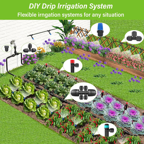 243 Foot Drip Irrigation Kit With Half Inch Hose And Quarter Inch Tubing Quick Connect Drip System in garden setup