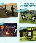 Collage featuring Two Pack Foldable Beach Chairs Set For Outdoors With Cup Holders And Storage Bags at fishing, BBQ, music festival, and park.