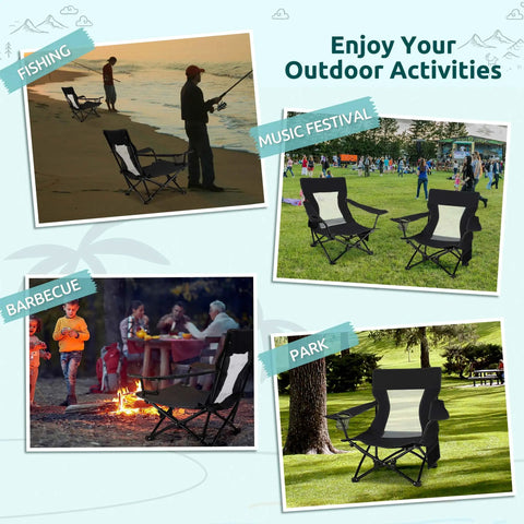 Collage featuring Two Pack Foldable Beach Chairs Set For Outdoors With Cup Holders And Storage Bags at fishing, BBQ, music festival, and park.