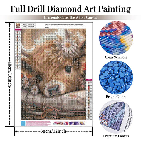 Highland Cow Themed 5D Diamond Painting Kit For Adults, Easy And Fun Round Gem Art, 12x16 Inches, detailed view of canvas and gems