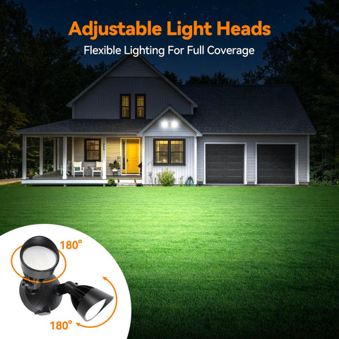 Badass Heavy Duty Dual Head Led Exterior Flood Light With 45 Watt Power And 5500 Lumens Kickin Brightness showcasing adjustable light heads on a house.