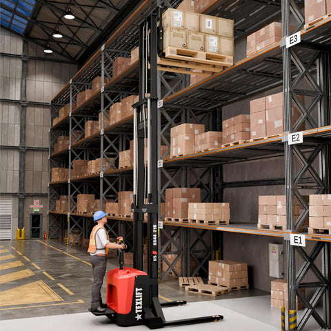 Heavy Duty Electric Pallet Stacker With Stand, 4400 Lbs Capacity, 216 Inch Lift in warehouse