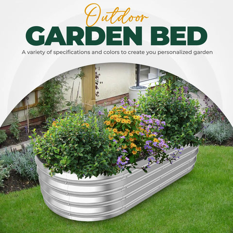 Galvanized Raised Garden Bed Kit 4x2x1ft Outdoor Planter Box with flowers and herbs in a grassy yard