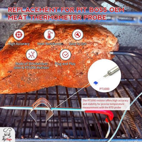 Close-up of PT1000 meat temperature probe in use, 2 Pack Meat Temperature Probes Replacement For Pellet Grills With 3.5mm Plug PT1000.