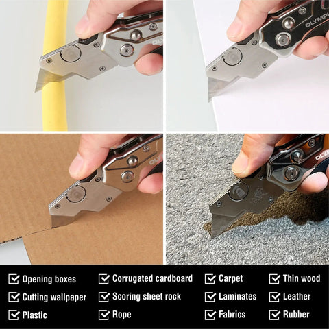 Heavy Duty Stainless Steel Utility Knife Featuring A Durable Fold Handle With Rock Solid Razor Sharp Replaceable Blade For Badass Diy Jobs And Top Shelf Home Repairs cutting through various materials.