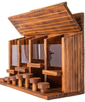 Wooden Squirrel Picnic Table Feeder With Four Seed Compartments And Seven Tier Bar Stools, Durable Burnt Wood Finish, angled view