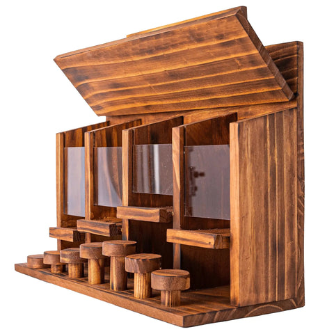Wooden Squirrel Picnic Table Feeder With Four Seed Compartments And Seven Tier Bar Stools, Durable Burnt Wood Finish, angled view
