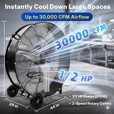 Beast Mode High Velocity 42 Inch Drum Fan Featuring 30,000 CFM High Speed And 21,000 CFM Low, 1/2 HP Motor, Heavy Duty Floor Fan