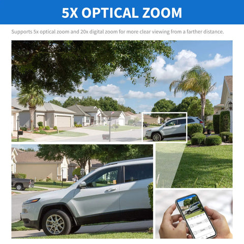 5X optical zoom feature of Boss Level 4K Security Camera System with a view of cars and homes in clear detail.
