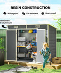 Child playing near No Nonsense 8x4 Outdoor Storage Shed Made Of Waterproof Resin Plastic With Floor Window Lockable Doors And Vents.