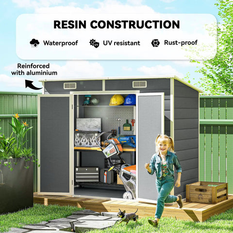 Child playing near No Nonsense 8x4 Outdoor Storage Shed Made Of Waterproof Resin Plastic With Floor Window Lockable Doors And Vents.