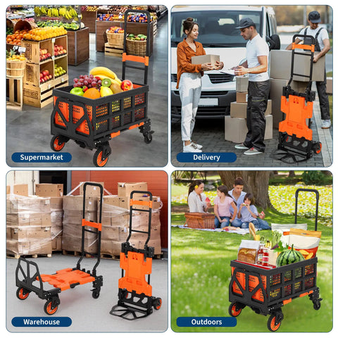 2-In-1 Folding Hand Truck Dolly With 330 Lb Capacity, Convert From Two-Wheel Dolly To Four-Wheel Flatbed Cart In Seconds, Heavy-Duty Steel Frame, Folds Flat For Easy Storage And Fast Jobsite Hauls, shown loaded with groceries.