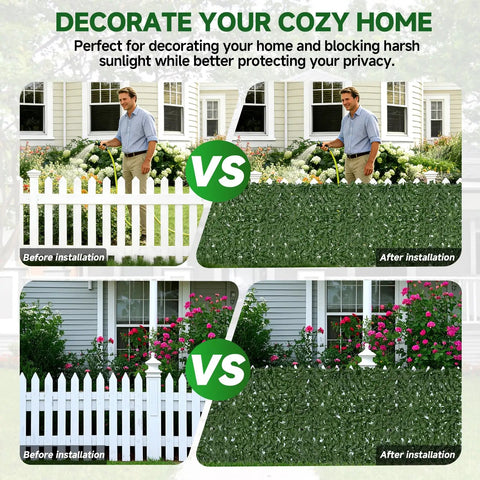 Comparison of before and after installing an Artificial Ivy Fence Privacy Screen 120x40 Inches UV Resistant Dense Faux Greenery Backdrop