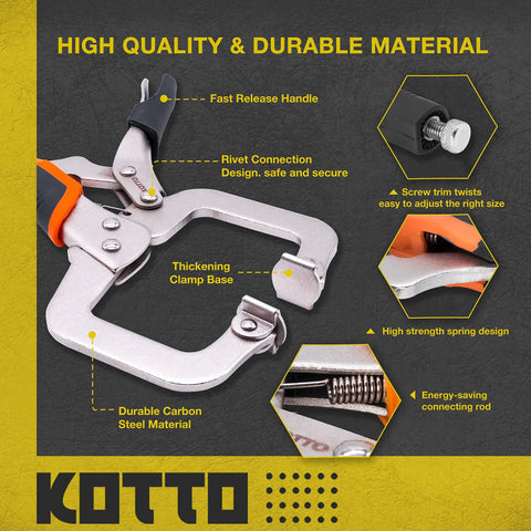 Detailed view of a heavy-duty locking C-clamp with swivel tips in use, highlighting steel material and spring design for stability.