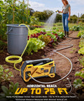 Cordless Water Transfer Pump With 9.6 GPM Flow, Dewalt 20V Battery Compatible, in a garden setting watering plants with long hose.