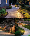 Three views of All In One LED Pathway Lighting Kit With 8 Low Voltage Landscape Lights 60W Transformer 100 Ft Landscape Wire 3000K