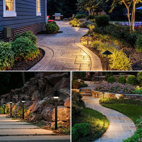 Three views of All In One LED Pathway Lighting Kit With 8 Low Voltage Landscape Lights 60W Transformer 100 Ft Landscape Wire 3000K