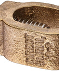 Close-up of heavy duty copper direct burial ground rod clamp for 1/0-10 wire range, 5/8 inch diameter, showing bolt detail.