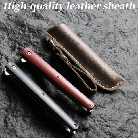 Folding Knife With 3.8 Inch Curved Clip Point Blade For Grab And Go Everyday Carry, High Carbon Stainless Steel, Ball Bearing Pivot, Slim 0.58 Inch Thick, Lightweight 1.76 Oz, Leather Sheath, Gentleman's EDC For Daily Tasks And Food Prep. leather sheath and folded knives
