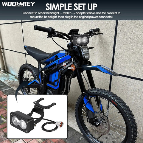 Dirt Bike Headlight Kit 10W LED Spotlight Flood Light With Plug And Play Harness And Switch on blue bike, bracket mount shown