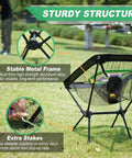 Indoor And Outdoor Chipping Net With Mat Golf Practice Target With Tee And Balls Center Target And 3 Dynamic Baskets Stable Aluminum Frame Sweet Backyard Golf Game Gift For Golfers, shown with sturdy metal frame and extra stakes on grass.