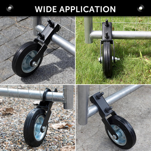 6 Inch Heavy Duty Metal Gate Caster For 1 5 Eighths To 2 Inch Frame shown on chain link fences in outdoor settings