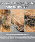 Three images of moldy bamboo cutting boards with cracks, highlighting potential health risks compared to a Two In One Titanium And Ebony Wood Cutting Board With Handle And Juice Groove, Double Sided Chopping Board For Meat And Charcuterie, Beast Mode Durable Kitchen Prep Tool For Everyday Cooks.