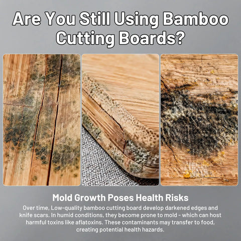 Three images of moldy bamboo cutting boards with cracks, highlighting potential health risks compared to a Two In One Titanium And Ebony Wood Cutting Board With Handle And Juice Groove, Double Sided Chopping Board For Meat And Charcuterie, Beast Mode Durable Kitchen Prep Tool For Everyday Cooks.