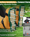 Heavy Duty Metal Lawn Aerator Shoes With Three Quarter Inch Spikes Tough As Nails Rugged Aluminum Plate Anti Slip Sole Durable Sandals close-up on grass