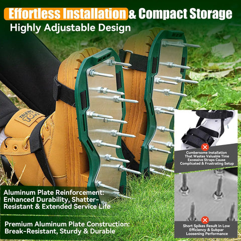 Heavy Duty Metal Lawn Aerator Shoes With Three Quarter Inch Spikes Tough As Nails Rugged Aluminum Plate Anti Slip Sole Durable Sandals close-up on grass