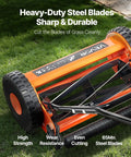 Manual Push Reel Lawn Mower With 14 Inch Cutting Width And Five Blades For Precise Trim Adjustable Height From 0.6 To 1.75 Inches Walk Behind Mower With Grass Catcher Bag For Green Lawns Driveways And Courtyards showcasing heavy-duty steel blades on grass.