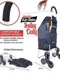 Stair Climber Trolley Dolly With 6 Wheel Glide shown with foldable design and cushioned handle, compact dimensions highlighted