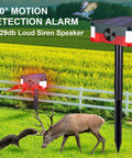 2 Pack 360 Degree Solar Outdoor Motion Sensor Alarm With 3 Loud 129dB Sirens Remote Control 4 Modes Ultrasonic Animal Deterrent For Yard Garden Farm Scare Coyotes Raccoons Deer Dogs on stakes