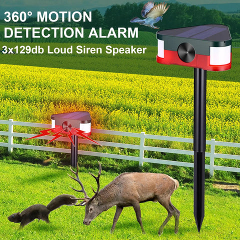2 Pack 360 Degree Solar Outdoor Motion Sensor Alarm With 3 Loud 129dB Sirens Remote Control 4 Modes Ultrasonic Animal Deterrent For Yard Garden Farm Scare Coyotes Raccoons Deer Dogs on stakes