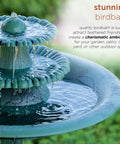 Close-up view of 35 Inch Outdoor Pedestal Water Fountain With 3 Tier Cascade, Durable Resin Birdbath For Garden Patio Deck And Backyard Green Finish, Calming Water Feature For Yard Ambiance And Garden Decor.