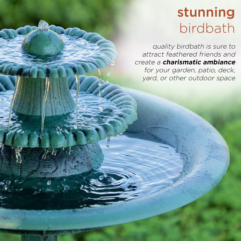 Close-up view of 35 Inch Outdoor Pedestal Water Fountain With 3 Tier Cascade, Durable Resin Birdbath For Garden Patio Deck And Backyard Green Finish, Calming Water Feature For Yard Ambiance And Garden Decor.