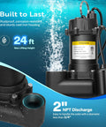 1 HP Submersible Cast Iron Sewage And Effluent Pump With 5220 GPH Flow, Float Switch, 2 Inch NPT Discharge, shown with specs