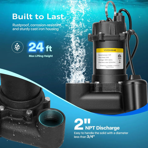 1 HP Submersible Cast Iron Sewage And Effluent Pump With 5220 GPH Flow, Float Switch, 2 Inch NPT Discharge, shown with specs
