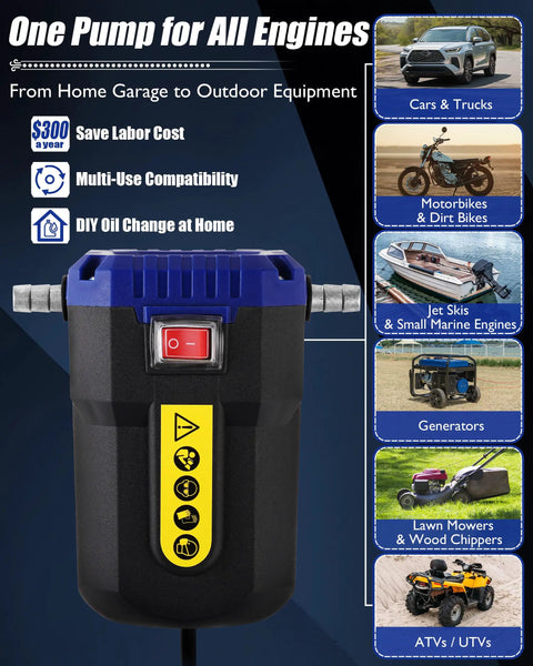 12V 80W Oil Extractor Pump with auto overload, emergency stop, and compatibility for cars, motorbikes, boats, and more