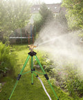 2 Pack Impact Sprinklers On Tripod Bases With Stakes 360 Degree Coverage Irrigation System in action on a lawn