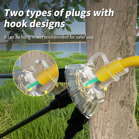Heavy Duty Outdoor Extension Cord 25 Foot 12 Gauge Yellow Waterproof With Three Outlets ETL Listed NEMA 5 15P To NEMA 5 15R Weather Resistant For Yard Garden Patio And Outdoor Tools Powering A Bunch Of Gear At Once. Transparent hook plug close-up on tree