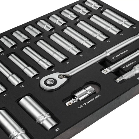 Half Inch Drive Socket Tray Set, 29 Piece Standard And Deep Metric Sockets, 72-Tooth Ratchet, 3 Inch And 6 Inch Extensions, Universal Joint