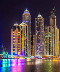 Giant City Night Skyline Wall Mural for Bedroom and Living Room Not Peel and Stick, 7 Piece Silk Finish, vibrant skyscrapers