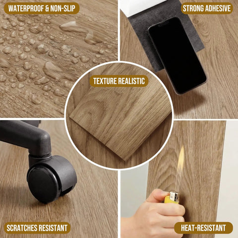 Features of Waterproof Peel And Stick Floor Tile Earthen Oak Vinyl Plank Flooring, showing durability, texture, and adhesive strength