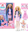 Kicksit Real With This Super Squishy Mom And Baby Surprise Playset Featuring A Drop Down Belly Reveal Fresh Nurture Kit package with doll and baby accessories.