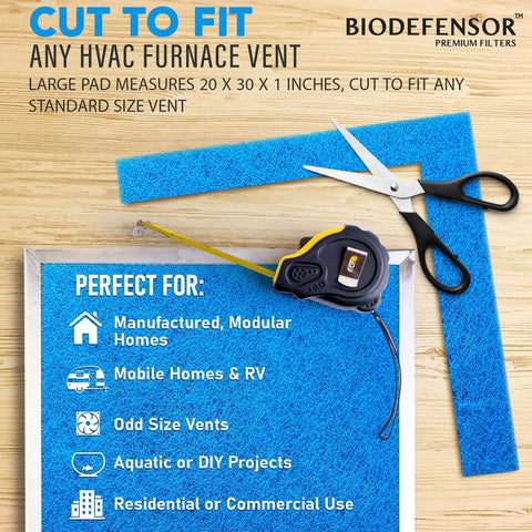Reusable Air Filter 20x30x1 cut to fit HVAC vents, includes scissors and tape measure, ideal for furnaces or AC, made in USA