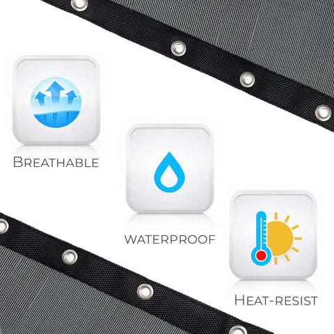 Heavy Duty Replacement Fabric For Hammock Chair 88 By 27 Inches With Carabiners, 600D Oxford, UV Resistant And Waterproof, features icons for breathable, waterproof, and heat-resist.